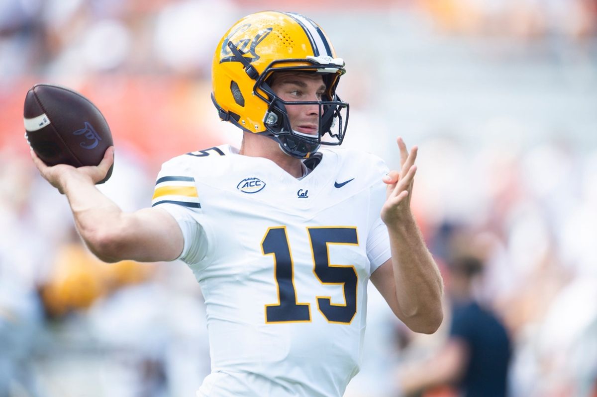 California Golden Bears quarterback Fernando Mendoza (15) during warm ups before Auburn Tigers take on California Golden Bears at Jordan-Hare Stadium in Auburn, Ala., on Saturday, Sept. 7, 2024.