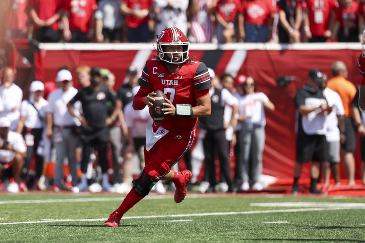 Sep 7, 2024; Salt Lake City, Utah, USA; Utah Utes quarterback Cameron Rising (7) drops back to throw the ball against the Baylor Bears during the first quarter at Rice-Eccles Stadium. Mandatory Credit: Rob Gray-Imagn Images