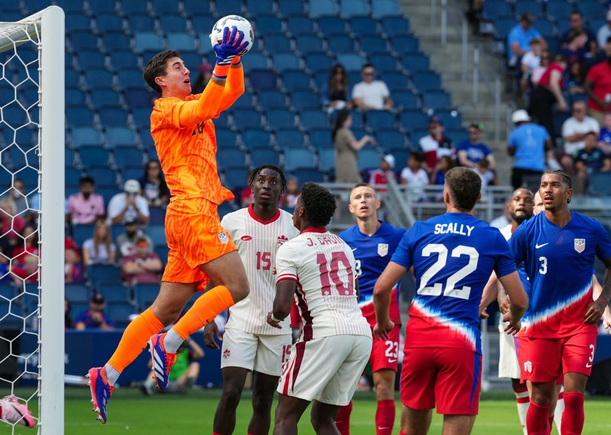 Sep 7, 2024; Kansas City, Kansas, USA; United States goalkeeper Patrick Schulte (16) makes a stop during the first half against Canada at Children’s Mercy Park. Mandatory Credit: Jay Biggerstaff-Imagn Images