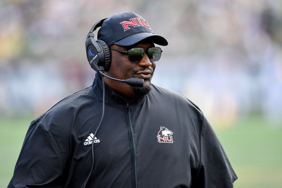 Sep 7, 2024; South Bend, Indiana, USA; Northern Illinois Huskies head coach Thomas Hammock watches in the first quarter against the Notre Dame Fighting Irish at Notre Dame Stadium. Mandatory Credit: Matt Cashore-Imagn Images