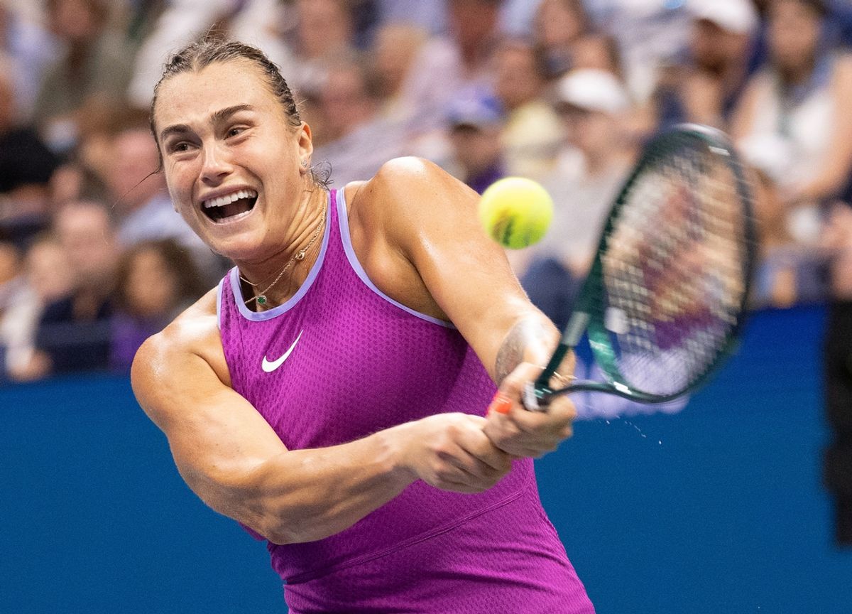 Sept 7, 2024; Flushing, NY, USA Aryna Sabalenka hits to Jessica Pegula (USA) in the women's singles final on day thirteen of the 2024 U.S. Open tennis tournament at USTA Billie Jean King National Tennis Center. Mandatory Credit: Robert Deutsch-Imagn Images
