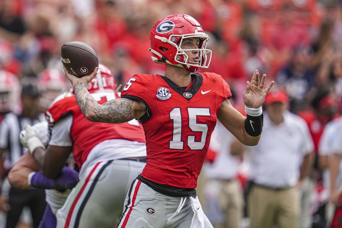 Sep 7, 2024; Athens, Georgia, USA; Georgia Bulldogs quarterback Carson Beck (15) passes the ball against the Tennessee Tech Golden Eagles during the second half at Sanford Stadium. Mandatory Credit: Dale Zanine-Imagn Images