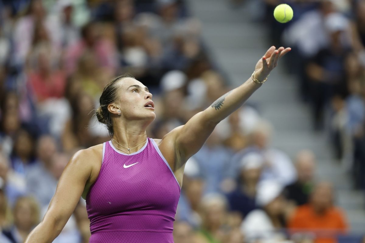 Sep 7, 2024; Flushing, NY, USA; Aryna Sabalenka serves against Jessica Pegula (USA)(not pictured) in the women's singles final on day thirteen of the 2024 U.S. Open tennis tournament at USTA Billie Jean King National Tennis Center. Mandatory Credit: Geoff Burke-Imagn Images