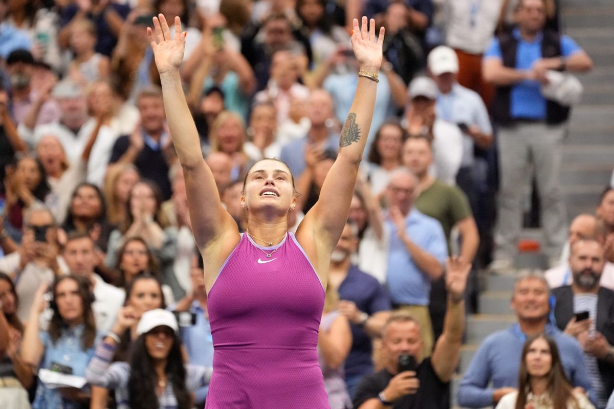 Sept 7, 2024; Flushing, NY, USA Aryna Sabalenka celebrates after beating Jessica Pegula (USA) in the women's singles final on day thirteen of the 2024 U.S. Open tennis tournament at USTA Billie Jean King National Tennis Center. Mandatory Credit: Robert Deutsch-Imagn Images