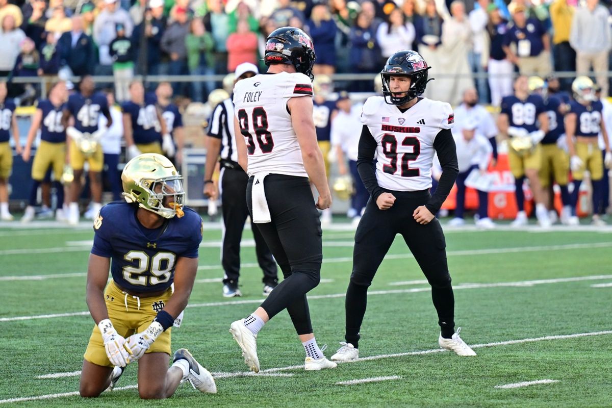 Northern Illinois Huskies kicker Kanon Woodill kicks the game winning field goal in the fourth quarter against the Notre Dame Fighting Irish.