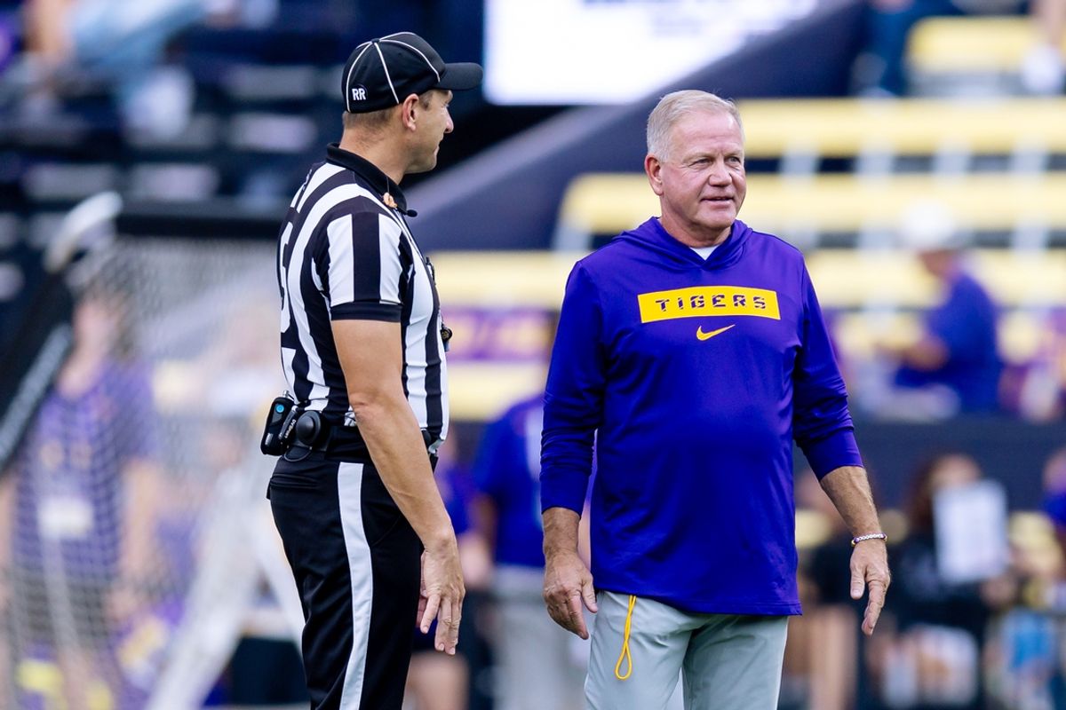Baton Rouge, Louisiana, USA; LSU Tigers head coach Brian Kelly walks the field during pregame before the game against the Nicholls State Colonels at Tiger Stadium. Mandatory Credit: Stephen Lew-Imagn Images