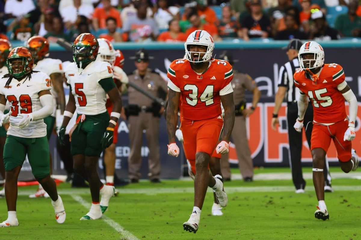 Sep 7, 2024; Miami Gardens, Florida, USA; Miami Hurricanes linebacker Adarius Hayes (34) reacts against the Florida A&M Rattlers during the second quarter at Hard Rock Stadium. Mandatory Credit: Sam Navarro-Imagn Images