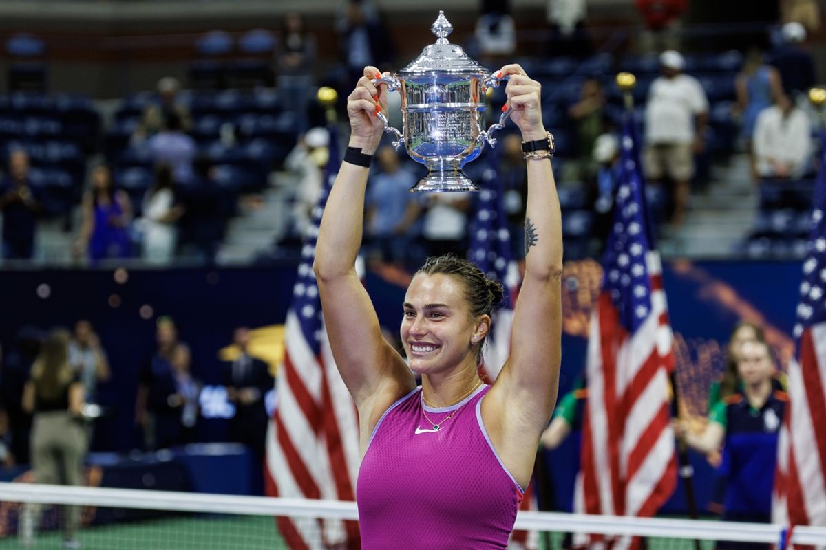 Sep 7, 2024; Flushing, NY, USA;  Aryna Sabalenka of Belarus poses with her trophy after the final of the women’s singles on day thirteen of the U.S. Open tennis tournament at the USTA Billie Jean King National Tennis Center. Mandatory Credit: Mike Frey-Imagn Images