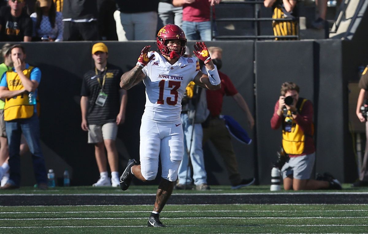 Iowa State Cyclones wide receiver Jaylin Noel (13) celebrates after a touchdown against Iowa during the third quarter in the Cy-Hawk series at Kinnick Stadium on Saturday, Sept. 7, 2024, in Iowa City, Iowa.