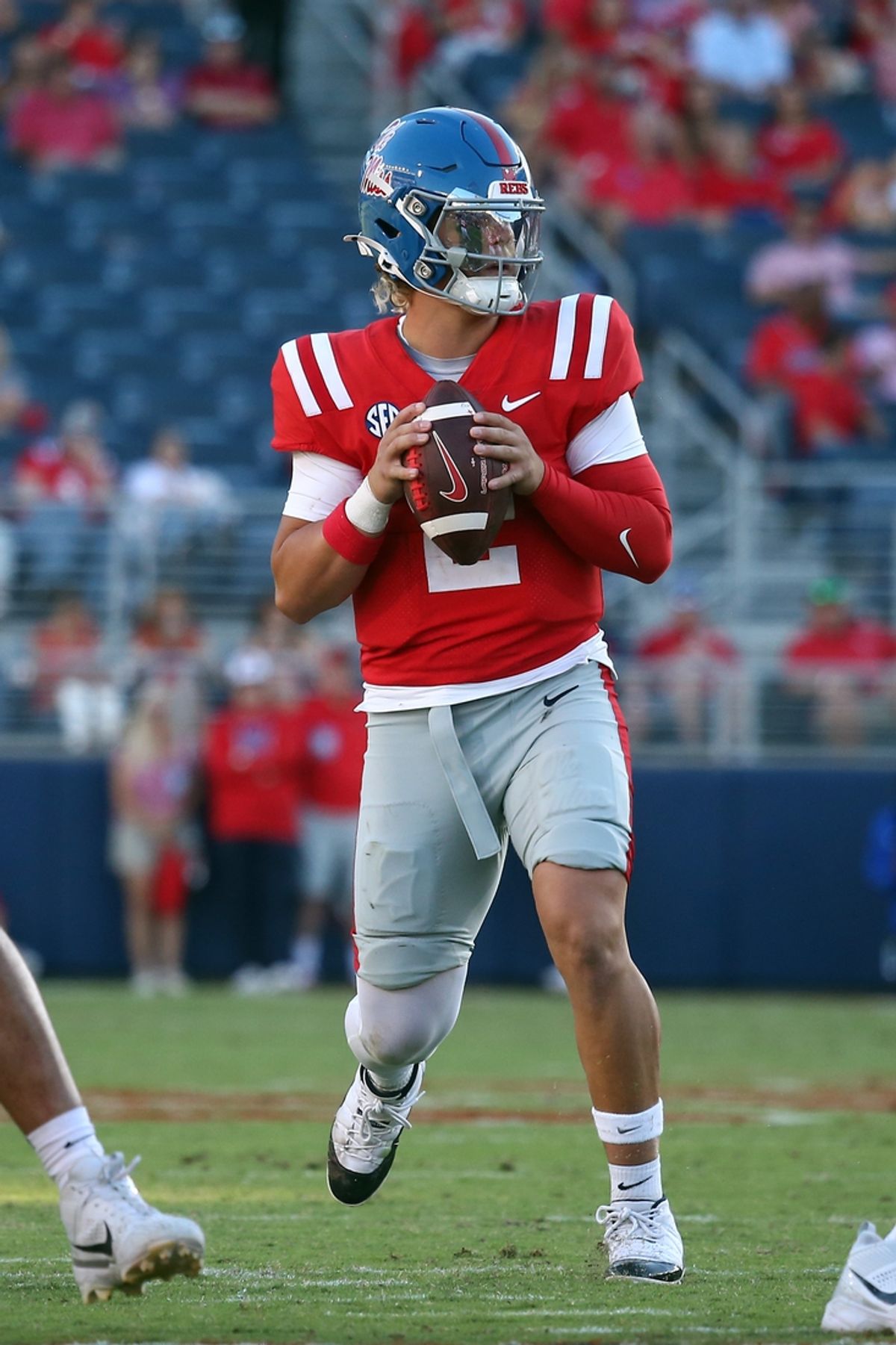 Sep 7, 2024; Oxford, Mississippi, USA; Mississippi Rebels quarterback Jaxson Dart (2) drops back to pass during the second half against the Middle Tennessee Blue Raiders at Vaught-Hemingway Stadium. Mandatory Credit: Petre Thomas-Imagn Images
