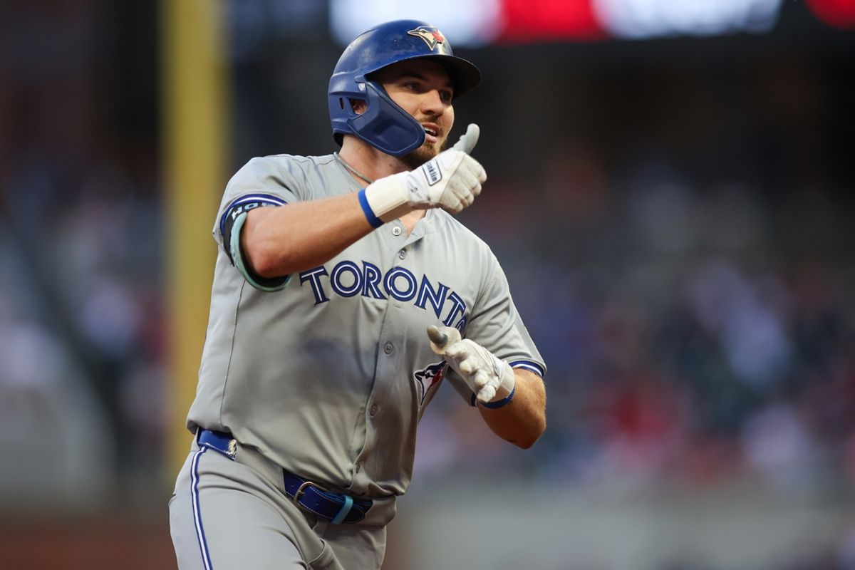 Sep 7, 2024; Atlanta, Georgia, USA; Toronto Blue Jays second baseman Spencer Horwitz (48) celebrates after a home run against the Atlanta Braves in the second inning at Truist Park. Mandatory Credit: Brett Davis-Imagn Images