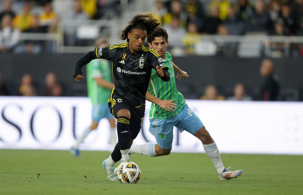 Sep 7, 2024; Columbus, Ohio, USA;  Columbus Crew mi9dfielder Ariel Jackson(13) controls the ball during the first half against the Seattle Sounders at Lower.com Field. Mandatory Credit: Joseph Maiorana-Imagn Images