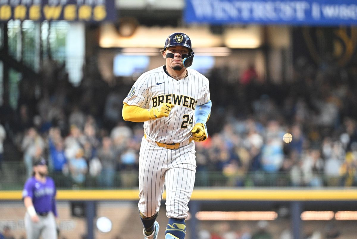 Sep 7, 2024; Milwaukee, Wisconsin, USA; Milwaukee Brewers catcher William Contreras (24) rounds the bases after hitting home run against the Colorado Rockies in the third inning at American Family Field. Mandatory Credit: Michael McLoone-Imagn Images