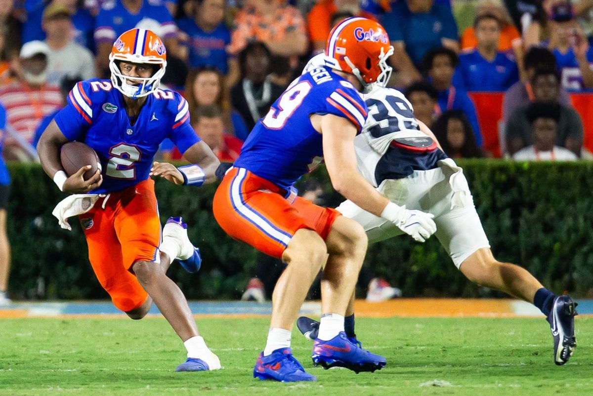 Florida Gators quarterback DJ Lagway (2) scrambles during the first half at Ben Hill Griffin Stadium in Gainesville, FL on Saturday, September 7, 2024 against the Samford Bulldogs. The Gators lead 14-0 at the half. [Doug Engle/Gainesville Sun]