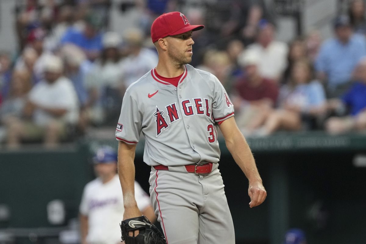 Sep 7, 2024; Arlington, Texas, USA; Los Angeles Angels starting pitcher Tyler Anderson (31) pauses on the mound during the fifth inning against the Texas Rangers at Globe Life Field. Mandatory Credit: Jim Cowsert-Imagn Images
