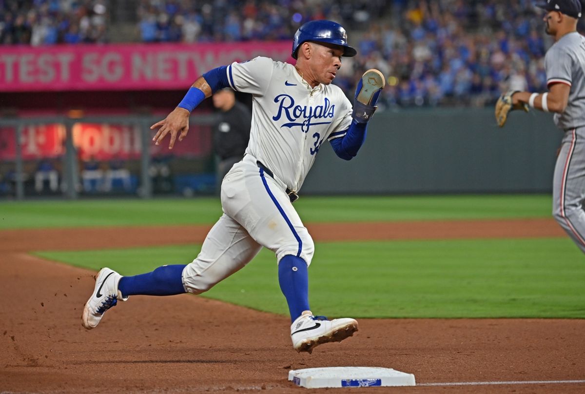 Sep 7, 2024; Kansas City, Missouri, USA;  Kansas City Royals catcher Freddy Fermin (34) rounds third base to score a run in the eighth inning against the Minnesota Twins at Kauffman Stadium. Mandatory Credit: Peter Aiken-Imagn Images