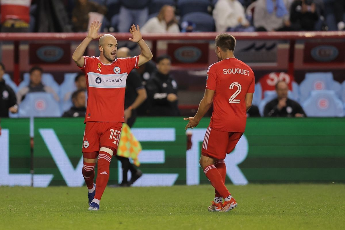 Sep 7, 2024; Chicago, Illinois, USA; Chicago Fire FC defender Andrew Gutman (15) celebrates after scoring a goal during the second half against D.C. United at Soldier Field. Mandatory Credit: Melissa Tamez-Imagn Images