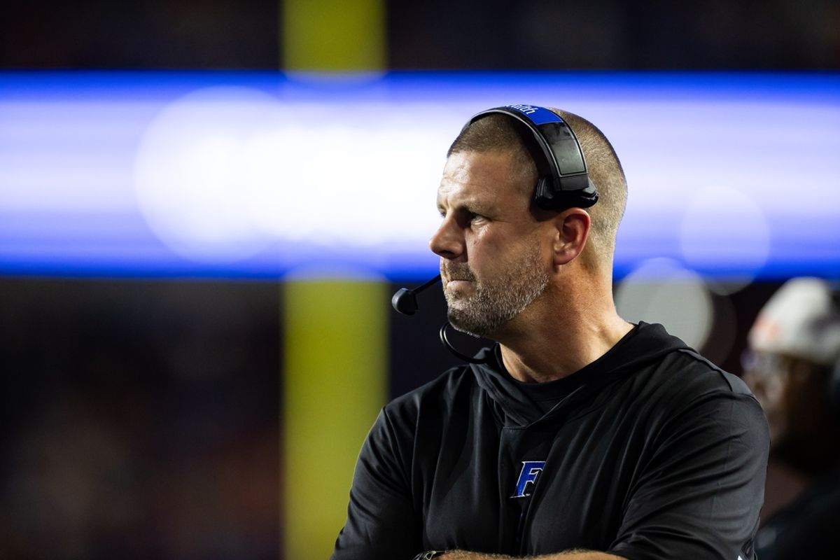 Sep 7, 2024; Gainesville, Florida, USA; Florida Gators head coach Billy Napier looks on against the Samford Bulldogs during the second half at Ben Hill Griffin Stadium. Mandatory Credit: Matt Pendleton-Imagn Images