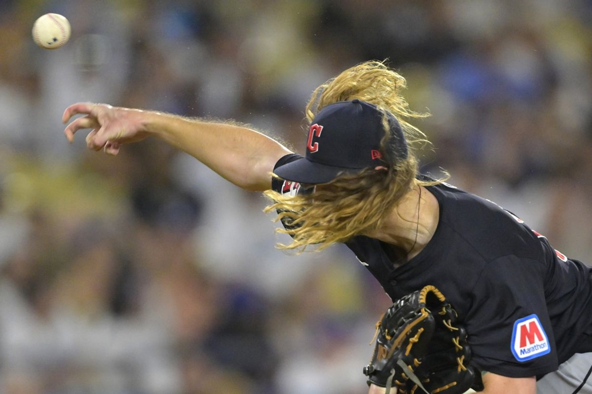 Sep 7, 2024; Los Angeles, California, USA;  Cleveland Guardians relief pitcher Scott Barlow (58) delivers to the plate in the fourth inning against the Los Angeles Dodgers at Dodger Stadium. Mandatory Credit: Jayne Kamin-Oncea-Imagn Images