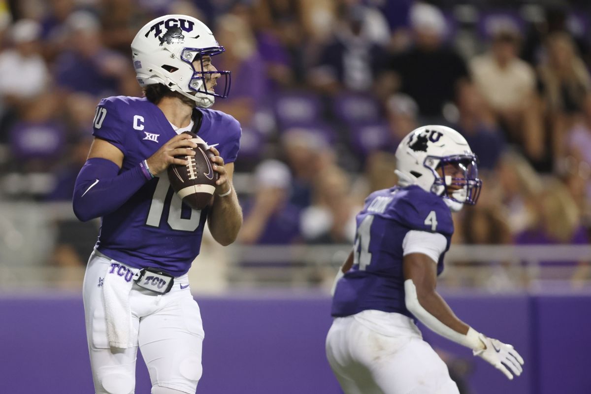 Sep 7, 2024; Fort Worth, Texas, USA; TCU Horned Frogs quarterback Josh Hoover (10) throws a pass against the Long Island Sharks in the third quarter at Amon G. Carter Stadium. Mandatory Credit: Tim Heitman-Imagn Images