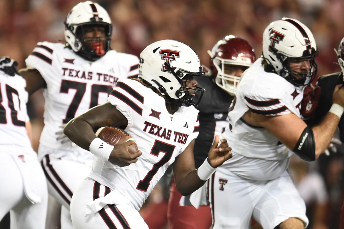 Sep 7, 2024; Pullman, Washington, USA; Texas Tech Red Raiders quarterback Cameran Brown (7) carries the ball against the Washington State Cougars in the first half at Gesa Field at Martin Stadium. Mandatory Credit: James Snook-Imagn Images