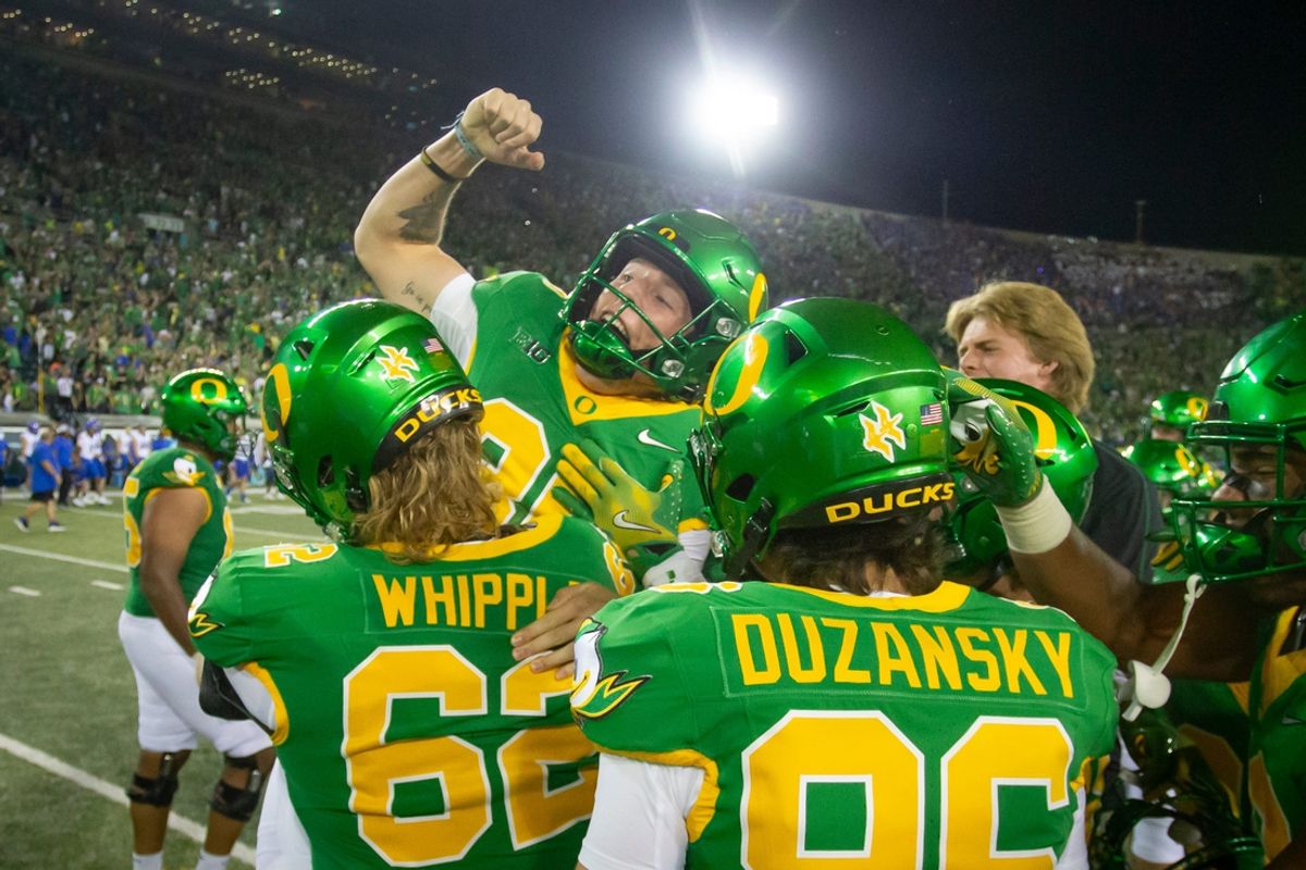 Oregon kicker Atticus Sappington is hoisted into the air after kicking the game winning field goal as the Oregon Ducks host the Boise State Broncos Saturday, Sept. 7, 2024 at Autzen Stadium in Eugene, Ore.