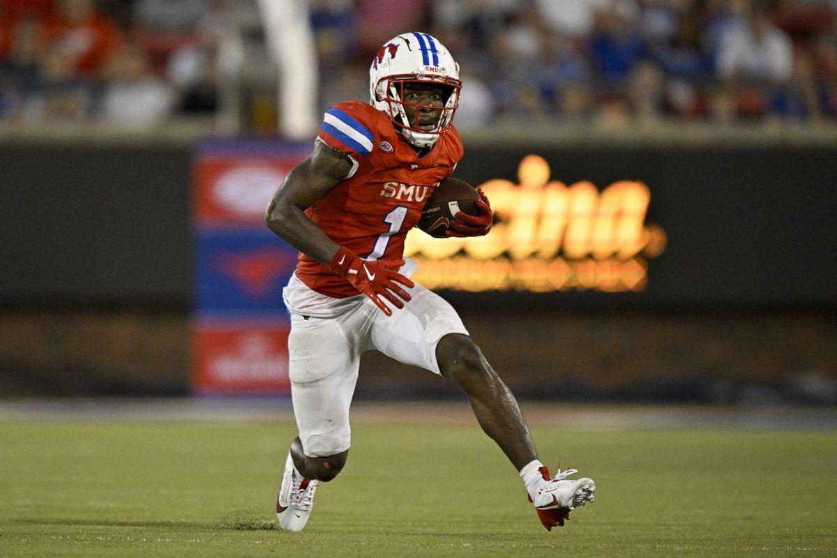 Sep 6, 2024; Dallas, Texas, USA; Southern Methodist Mustangs running back Brashard Smith (1) in action during the game between the Southern Methodist Mustangs and the Brigham Young Cougars at Gerald J. Ford Stadium. Mandatory Credit: Jerome Miron-Imagn Images