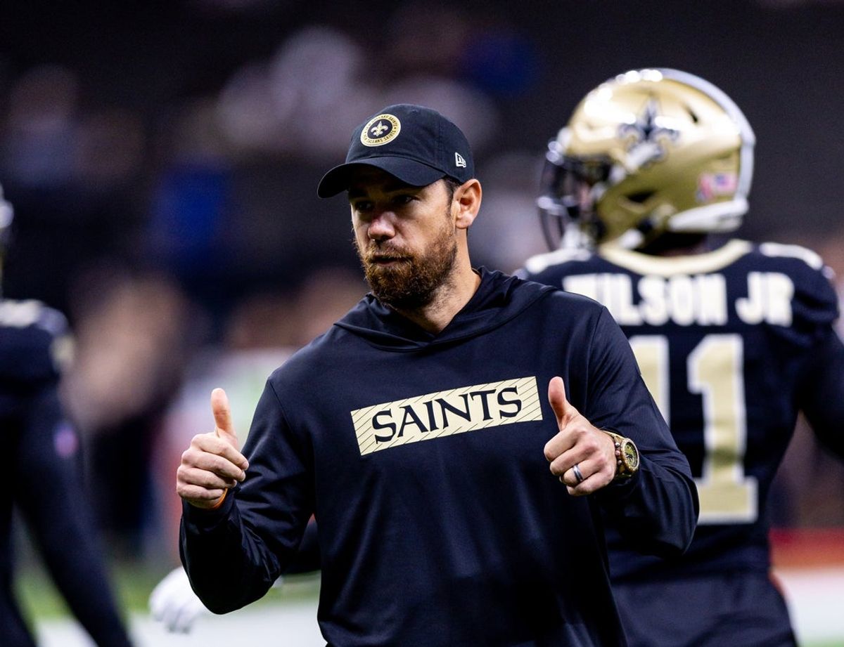 Sep 8, 2024; New Orleans, Louisiana, USA;  New Orleans Saints offensive coordinator Klint Kubiak reacts against the Carolina Panthers during the pregame at Caesars Superdome. Mandatory Credit: Stephen Lew-Imagn Images