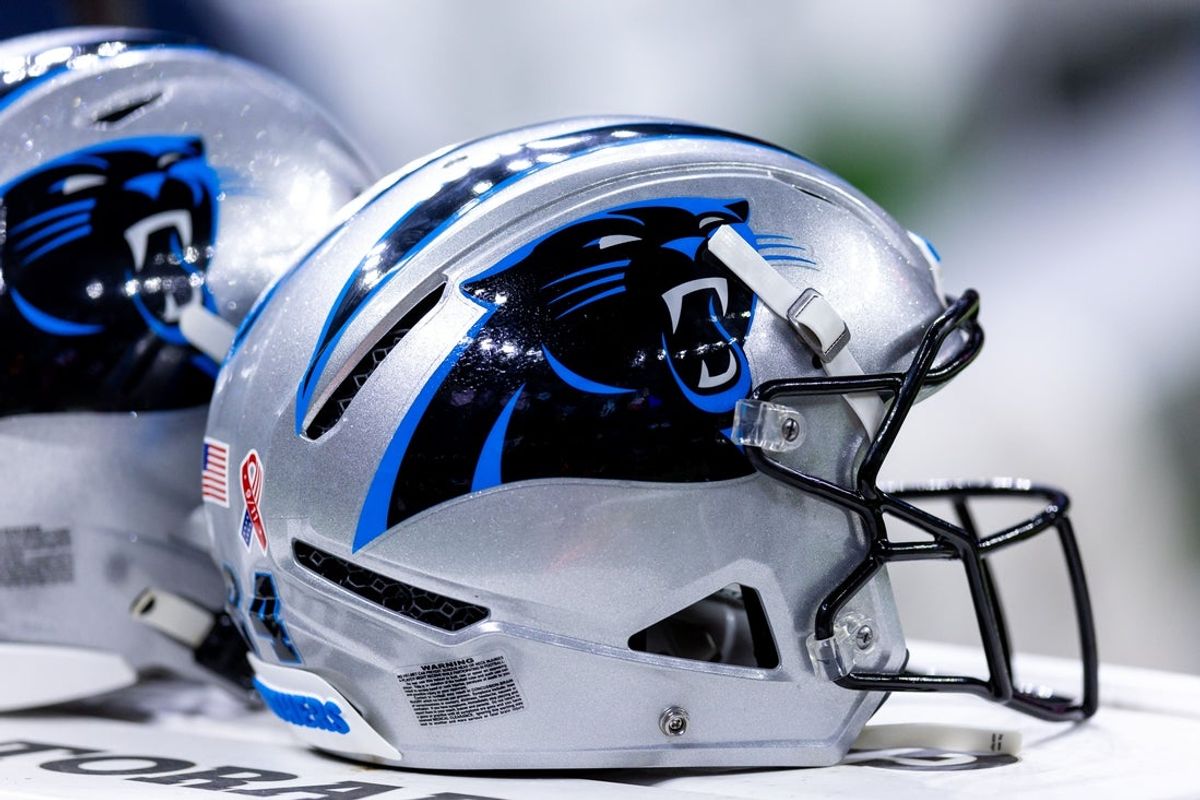 Sep 8, 2024; New Orleans, Louisiana, USA;  Detailed view of the Carolina Panthers helmet against the New Orleans Saints during the pregame at Caesars Superdome. Mandatory Credit: Stephen Lew-Imagn Images
