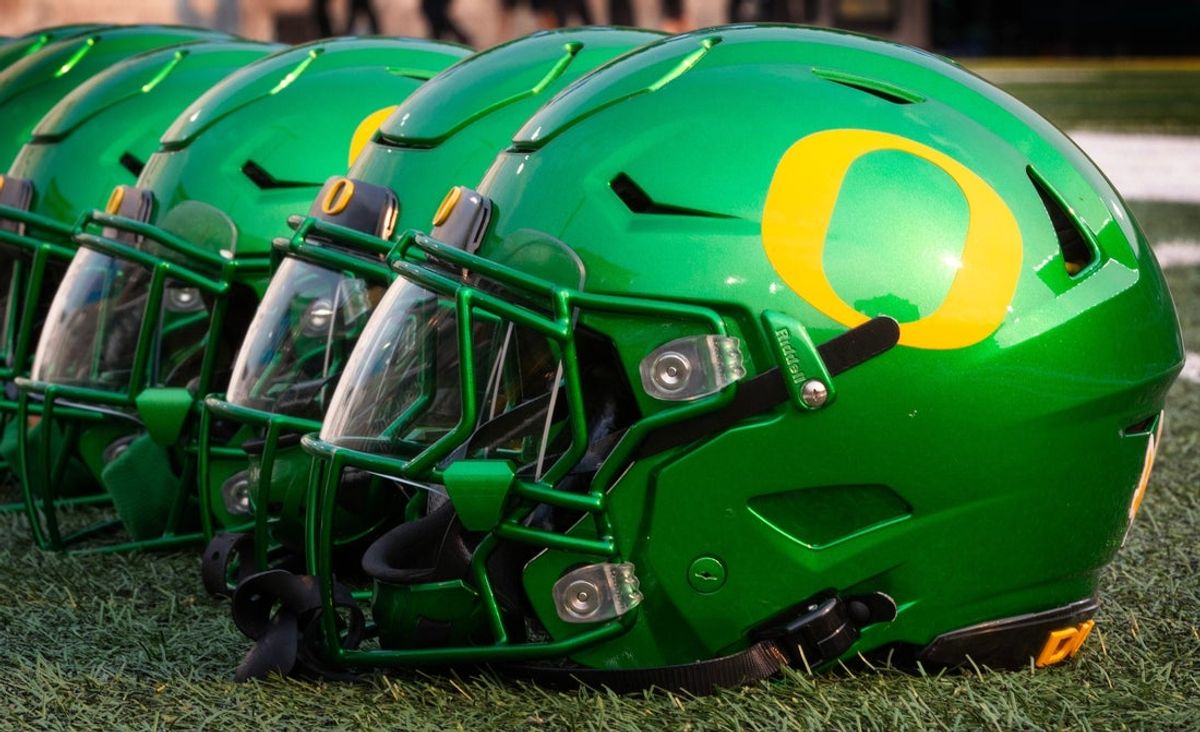 Oregon football helmets await the beginning of the game against Boise State at Autzen Stadium in Eugene Sept. 7, 2024
