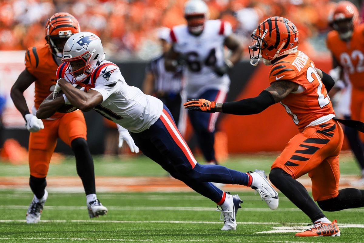 Sep 8, 2024; Cincinnati, Ohio, USA; New England Patriots wide receiver Tyquan Thornton (11) advances the ball against the Cincinnati Bengals in the first half at Paycor Stadium. Mandatory Credit: Katie Stratman-Imagn Images