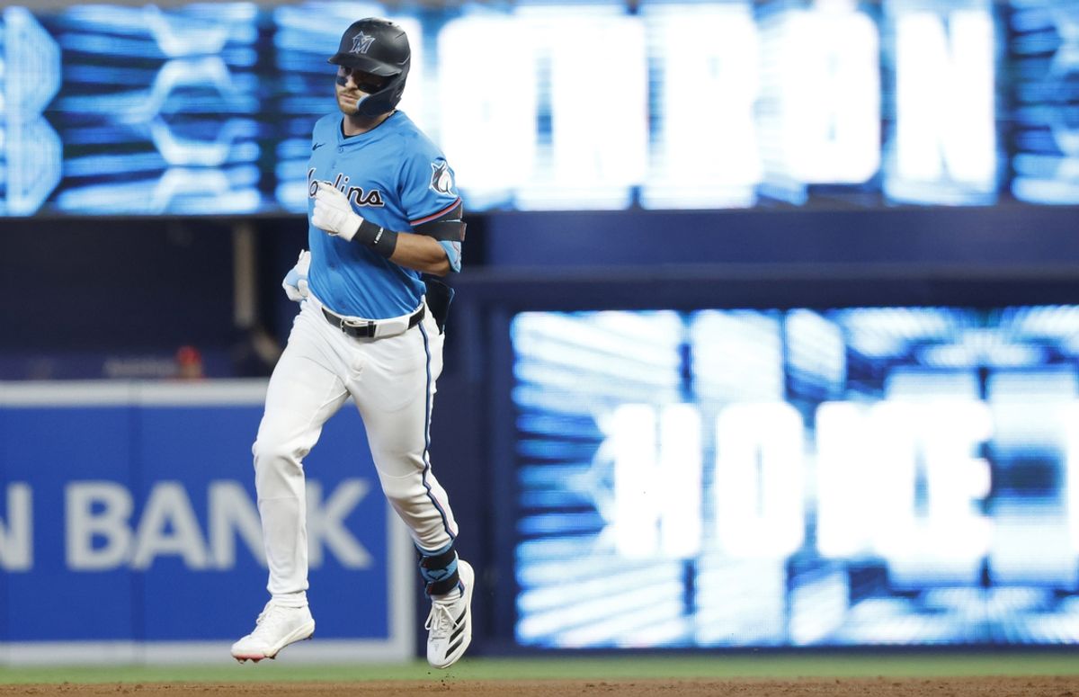 Sep 8, 2024; Miami, Florida, USA;  Miami Marlins second baseman Connor Norby (24) rounds the bases following his two run home run against the Philadelphia Phillies in the first inning at loanDepot Park. Mandatory Credit: Rhona Wise-Imagn Images