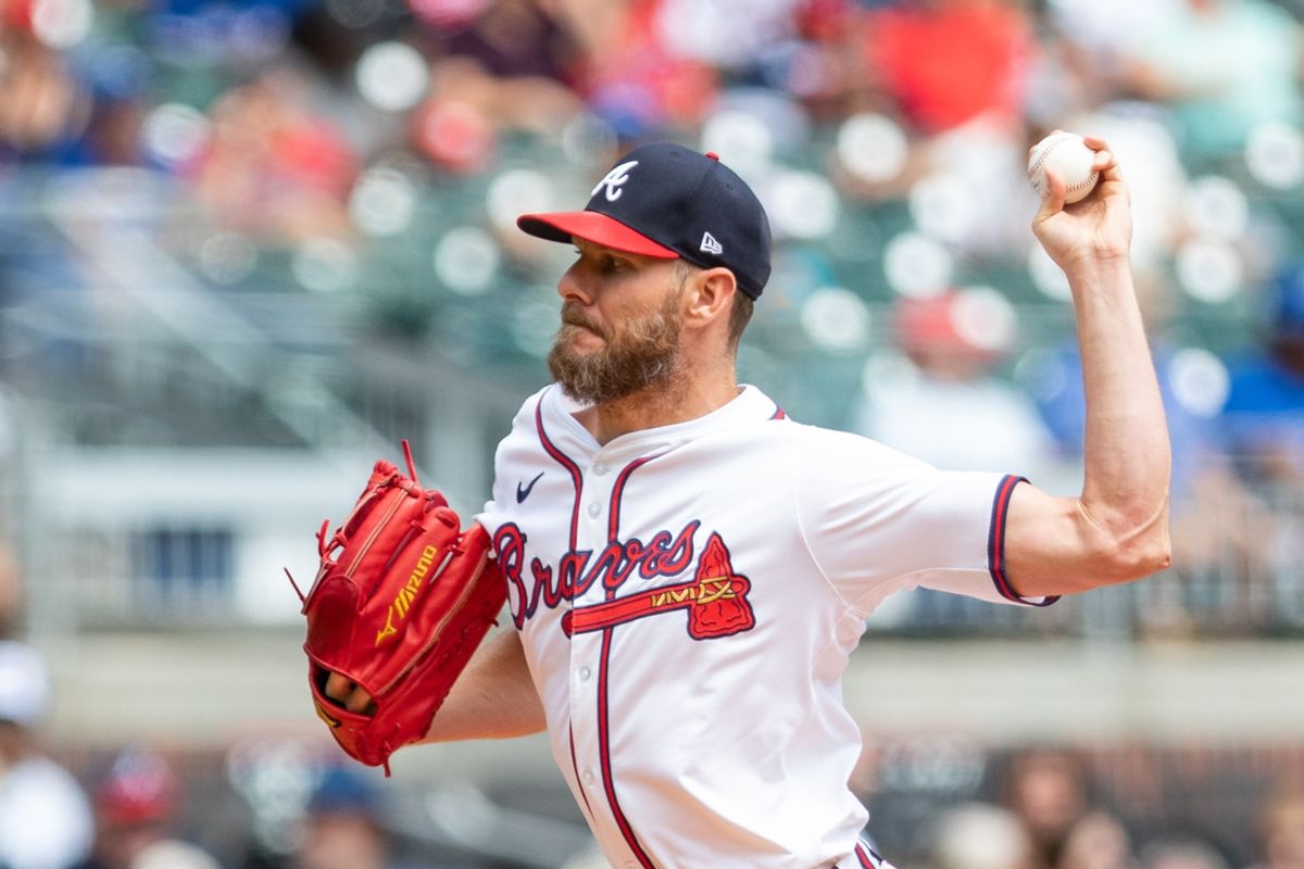 Sep 8, 2024; Cumberland, Georgia, USA; tlanta Braves pitcher Chris Sale (51) pitches the ball against Toronto Blue Jays during second inning at Truist Park. Mandatory Credit: Jordan Godfree-Imagn Images