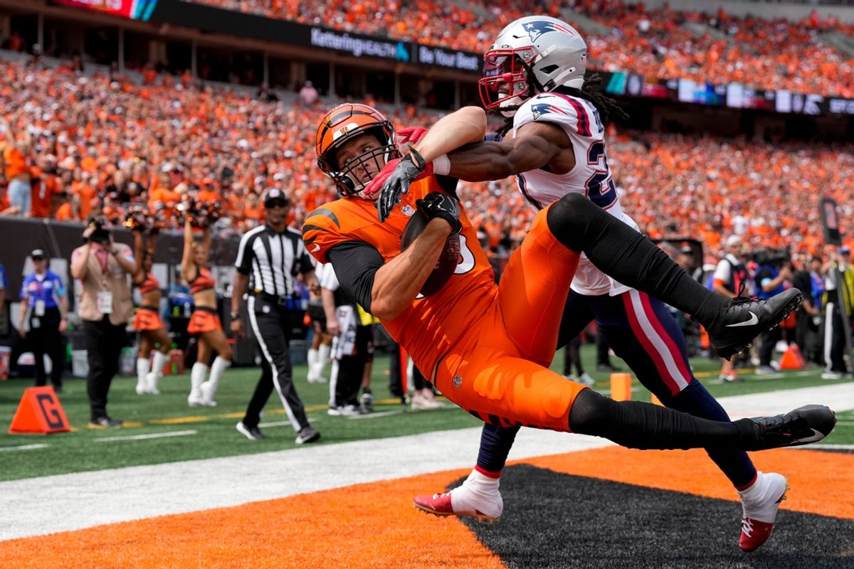 An initial touchdown call is overturned after review as New England Patriots safety Kyle Dugger (23) breaks up a pass intended for Cincinnati Bengals tight end Mike Gesicki (88) in the second quarter of the NFL Week 1 game between the Cincinnati Bengals and the New England Patriots at Paycor Stadium in downtown Cincinnati on Sunday, Sept. 8, 2024.