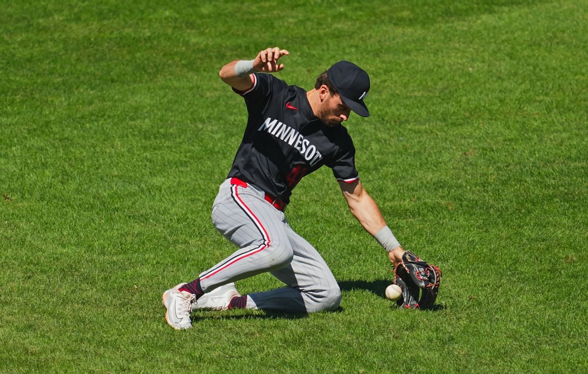 Sep 8, 2024; Kansas City, Missouri, USA; Minnesota Twins second baseman Edouard Julien (47) fields a ground ball during the fifth inning against the Kansas City Royals at Kauffman Stadium. Mandatory Credit: Jay Biggerstaff-Imagn Images