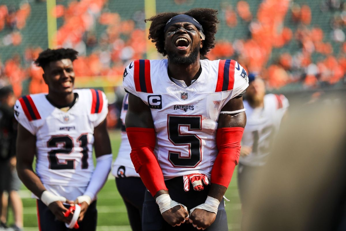 Sep 8, 2024; Cincinnati, Ohio, USA; New England Patriots safety Jabrill Peppers (5) reacts after the victory over the Cincinnati Bengals at Paycor Stadium. Mandatory Credit: Katie Stratman-Imagn Images