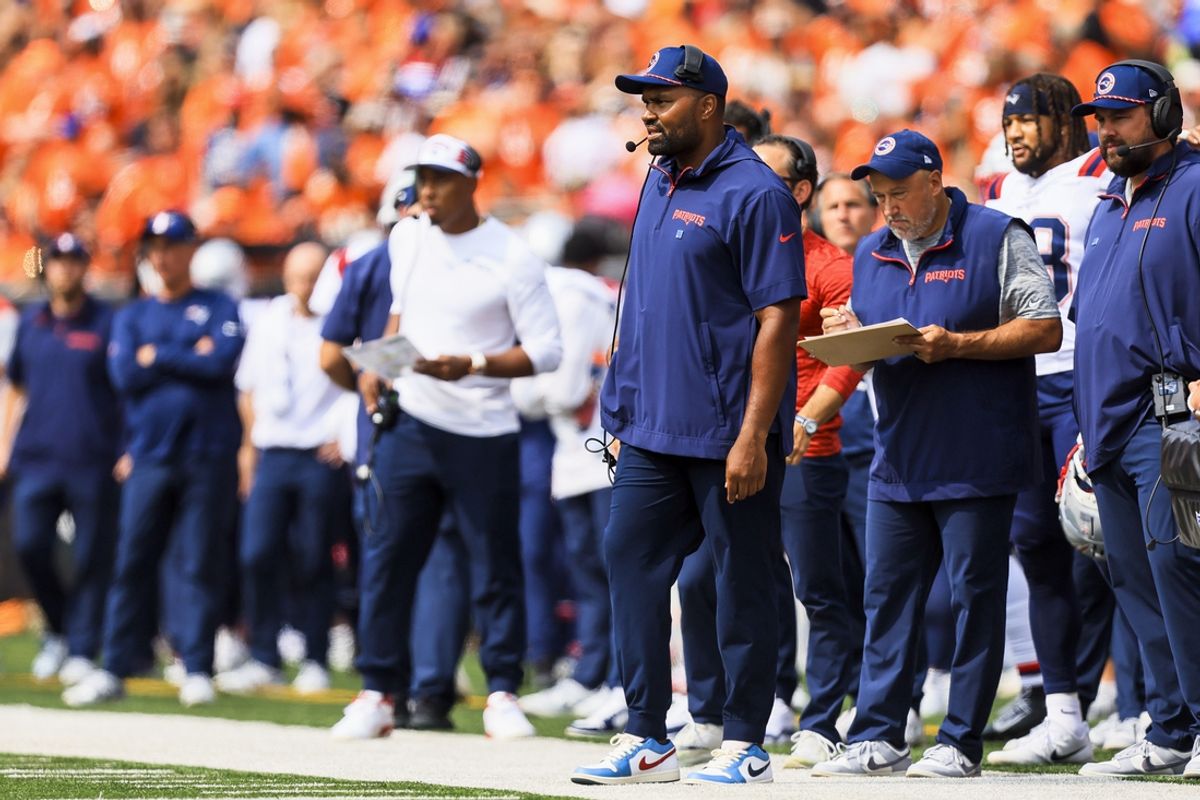 Sep 8, 2024; Cincinnati, Ohio, USA; New England Patriots head coach Jerod Mayo during the second half against the Cincinnati Bengals at Paycor Stadium. Mandatory Credit: Katie Stratman-Imagn Images