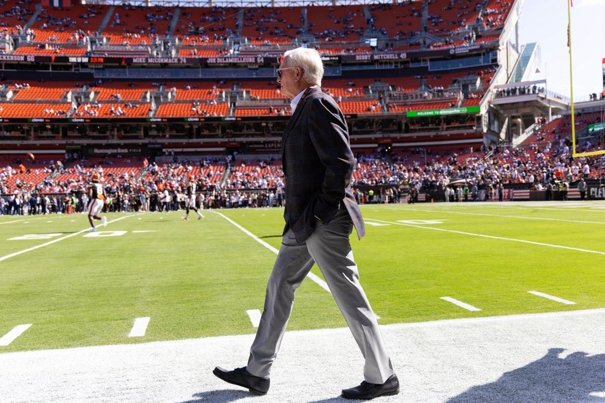 Sep 8, 2024; Cleveland, Ohio, USA; Cleveland Browns managing and principal partner Jimmy Haslam walks on to the field before the game against the Dallas Cowboys at Huntington Bank Field. Mandatory Credit: Scott Galvin-Imagn Images