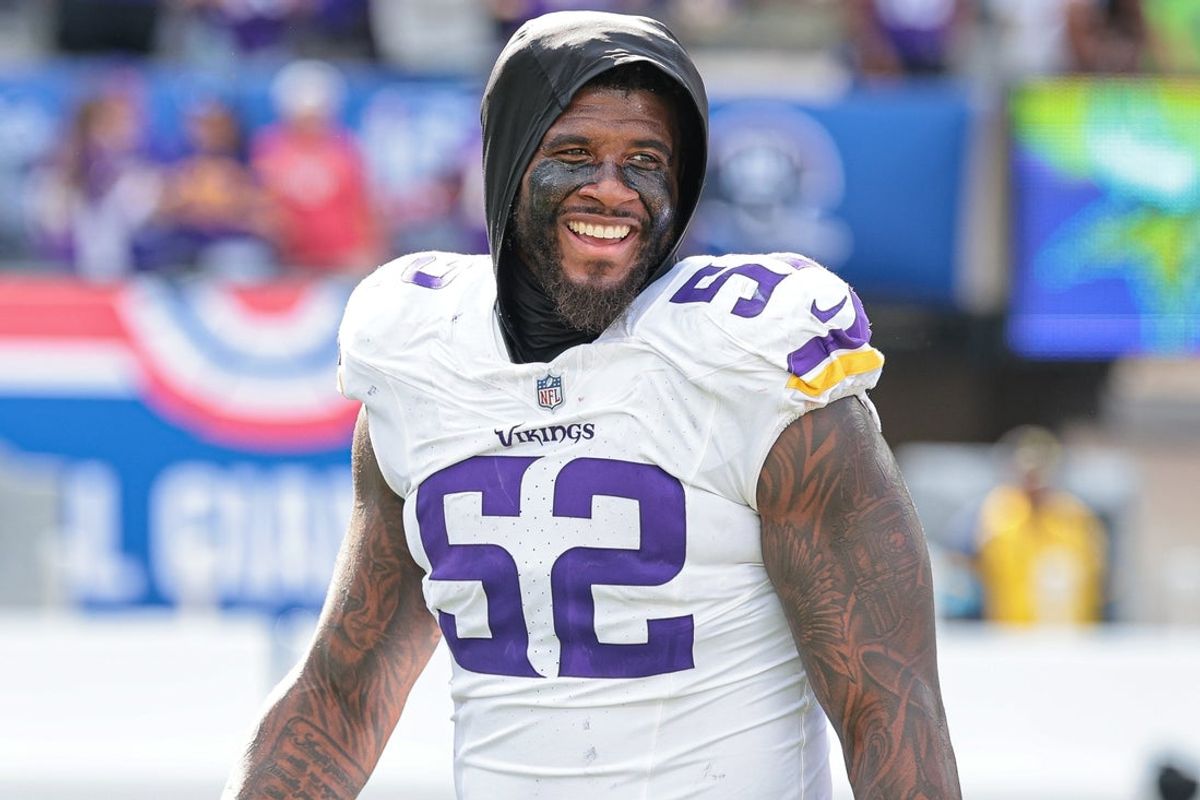 Sep 8, 2024; East Rutherford, New Jersey, USA; Minnesota Vikings linebacker Jihad Ward (52) celebrates after the game against the New York Giants at MetLife Stadium. Mandatory Credit: Vincent Carchietta-Imagn Images