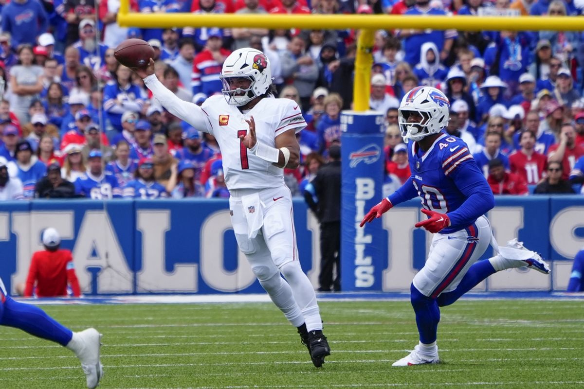 Sep 8, 2024; Orchard Park, New York, USA; Arizona Cardinals quarterback Kyler Murray (1) throws the ball against the Buffalo Bills during the first half at Highmark Stadium. Mandatory Credit: Gregory Fisher-Imagn Images