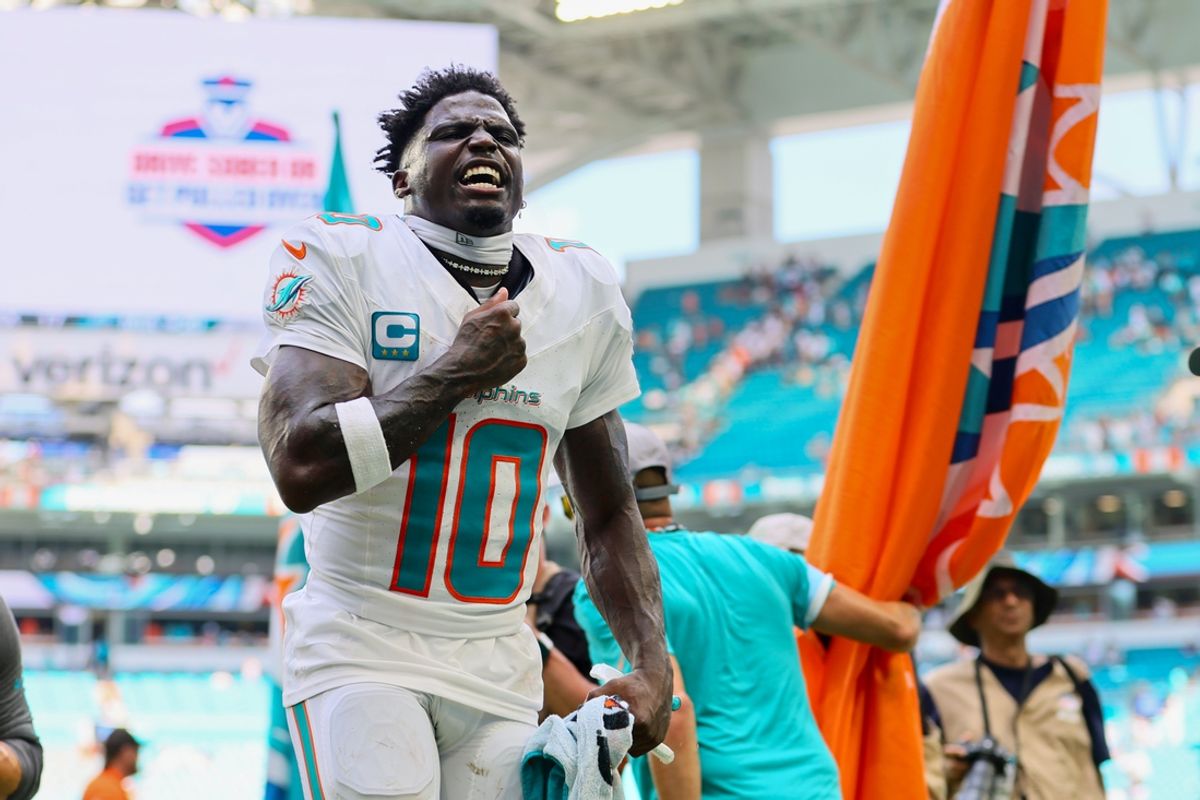 Sep 8, 2024; Miami Gardens, Florida, USA; Miami Dolphins wide receiver Tyreek Hill (10) reacts after the game against the Jacksonville Jaguars at Hard Rock Stadium. Mandatory Credit: Sam Navarro-Imagn Images