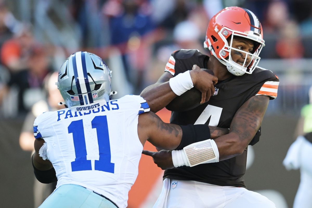 Sep 8, 2024; Cleveland, Ohio, USA; Dallas Cowboys linebacker Micah Parsons (11) pressures Cleveland Browns quarterback Deshaun Watson (4) during the first quarter at Huntington Bank Field. Mandatory Credit: Ken Blaze-Imagn Images
