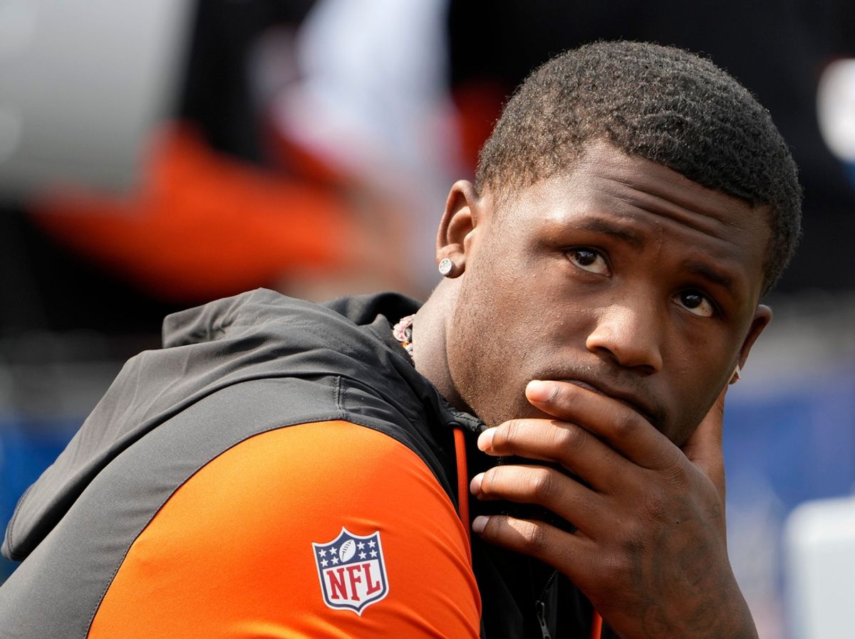 Cincinnati Bengals Tee Higgins who was inactive for the Bengals home opener watches the scoreboard as his team is defeated by the New England Patriots 16-10 at Paycor Stadium Sunday, September 8, 2024.