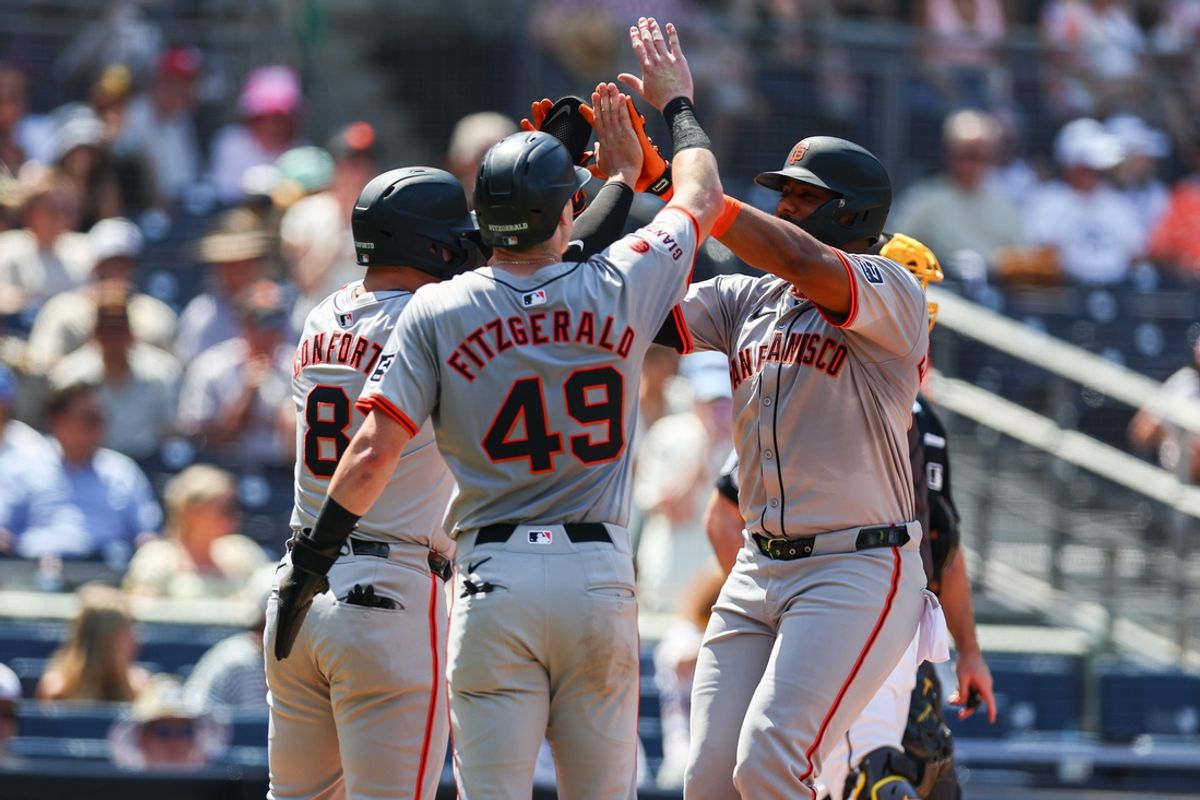 Sep 8, 2024; San Diego, California, USA; San Francisco Giants right fielder Jerar Encarnacion (59) high fives teammates Tyler Fitzgerald (49) and Michael Conforto (8) after hitting a three run home run during the fourth inning against the San Diego Padres at Petco Park. Mandatory Credit: Chadd Cady-Imagn Images