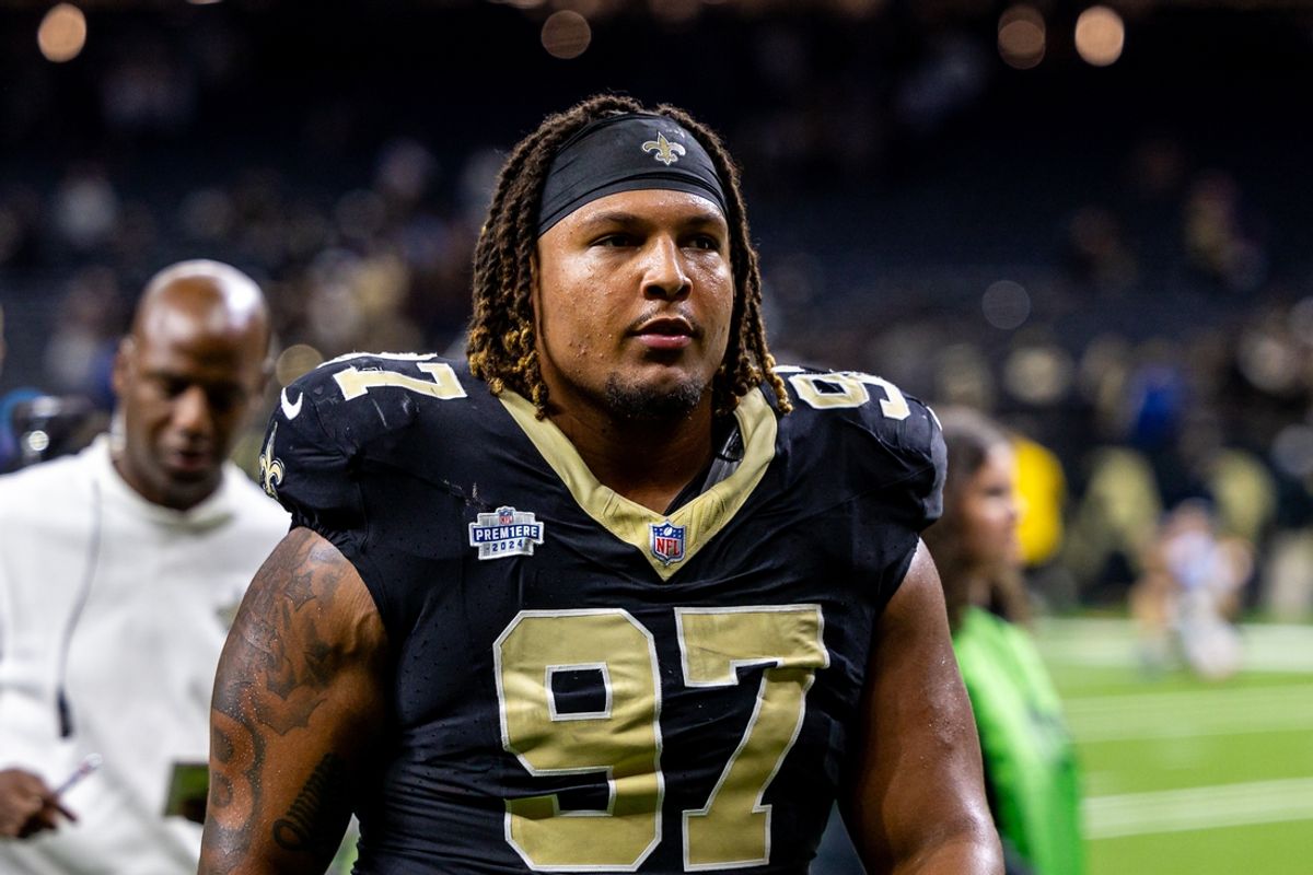 Sep 8, 2024; New Orleans, Louisiana, USA;  New Orleans Saints defensive tackle Khristian Boyd (97) heads to the locker room after the game against the Carolina Panthers at Caesars Superdome. Mandatory Credit: Stephen Lew-Imagn Images