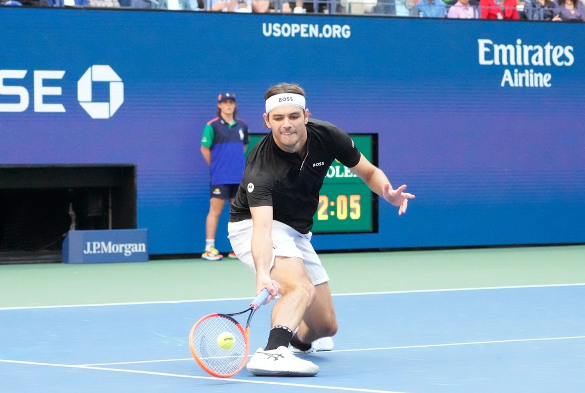 Taylor Fritz returns a shot during the men's singles final of the 2024 U.S. Open tennis tournament at USTA Billie Jean King National Tennis Center in Flushing, New York on Sept. 8, 2024.