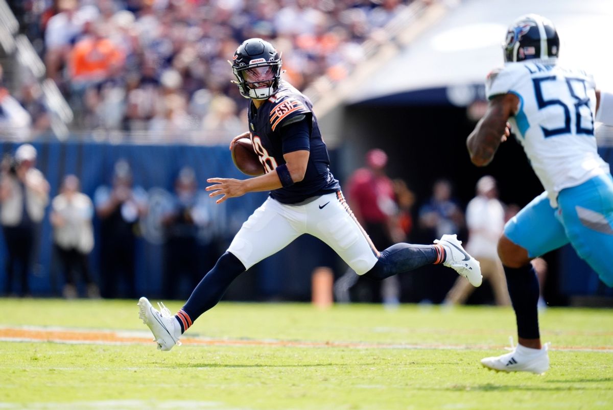Chicago Bears quarterback Caleb Williams (18) is pressured by Tennessee Titans linebacker Harold Landry III (58) during the fourth quarter at Soldier Field in Chicago, Ill., Sunday, Sept. 8, 2024. Mandatory Credit: Andrew Nelles/USA TODAY NETWORK via Imagn Images
