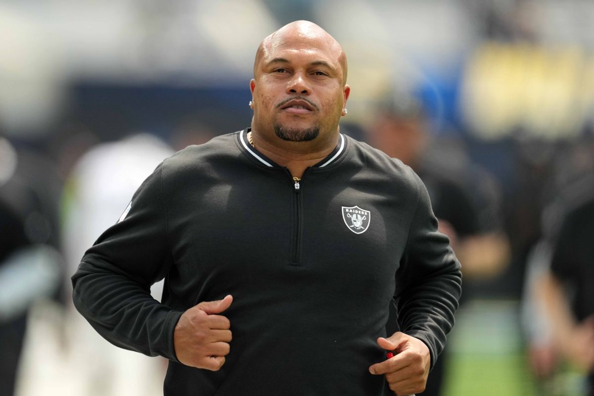 Sep 8, 2024; Inglewood, California, USA; Las Vegas Raiders coach Antonio Pierce reacts in the first half against the Los Angeles Chargers at SoFi Stadium. Mandatory Credit: Kirby Lee-Imagn Images