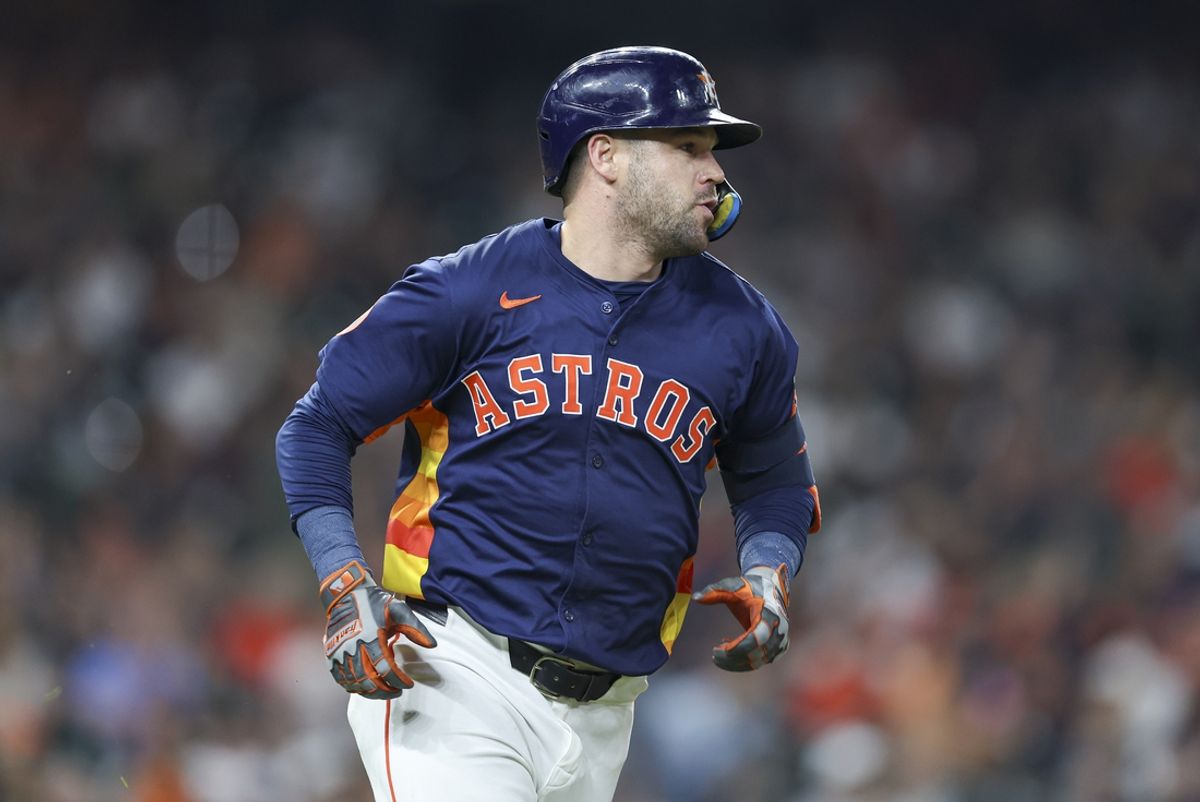 Sep 8, 2024; Houston, Texas, USA; Houston Astros center fielder Chas McCormick (20) runs to first base on a single during the fifth inning against the Arizona Diamondbacks at Minute Maid Park. Mandatory Credit: Troy Taormina-Imagn Images