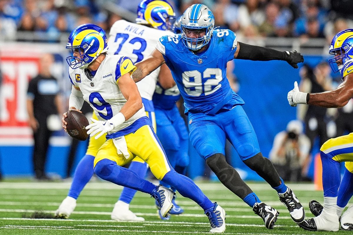 Detroit Lions defensive end Marcus Davenport (92) pressures Los Angeles Rams quarterback Matthew Stafford (9) during the first half at Ford Field in Detroit on Sunday, September 8, 2024.